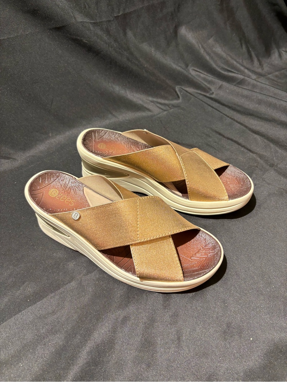 Bzees Gold Metallic Crisscross Wedge Slide Mules - Picture 3 of 6